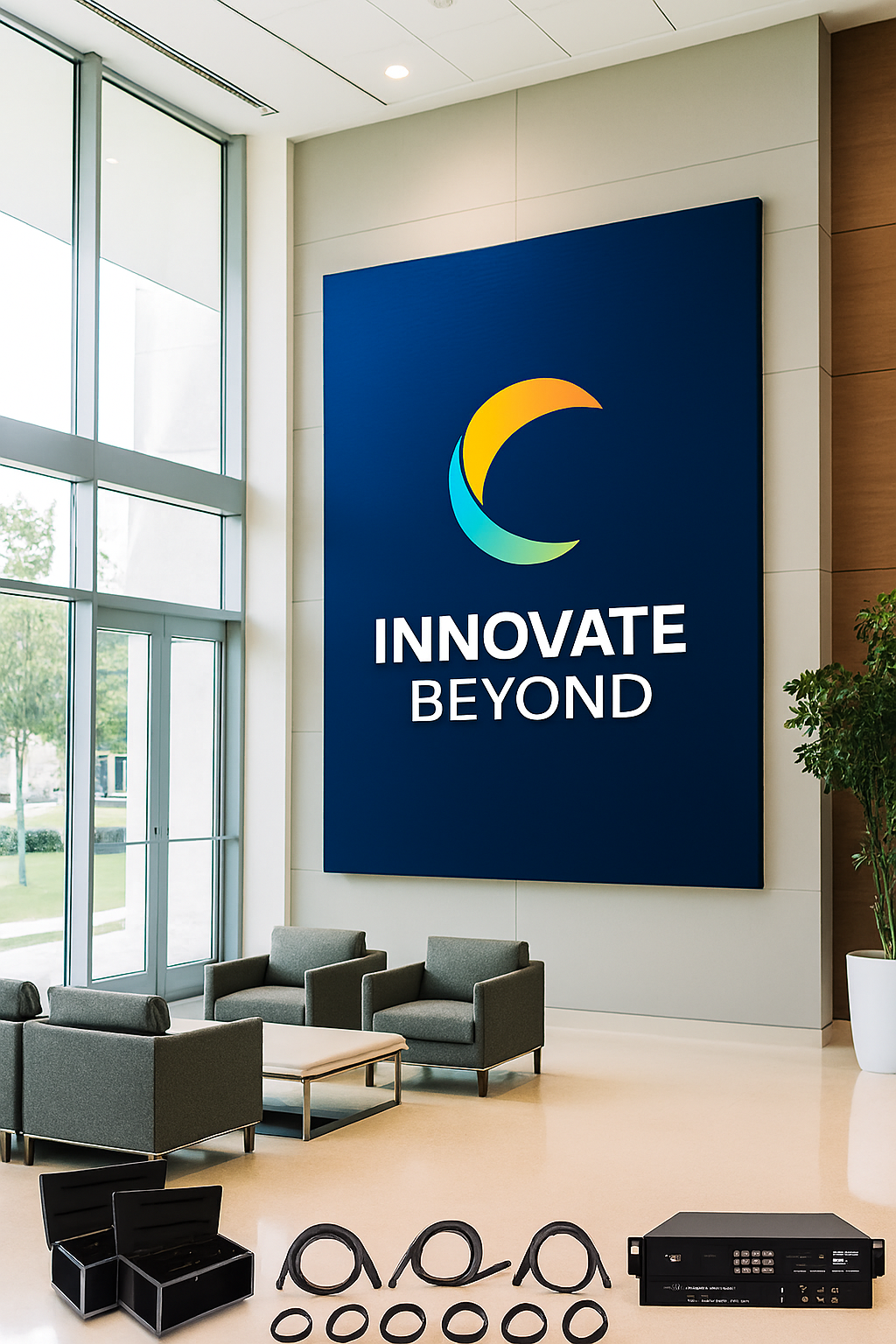 Indoor LED video wall displaying high-resolution corporate content in modern conference room