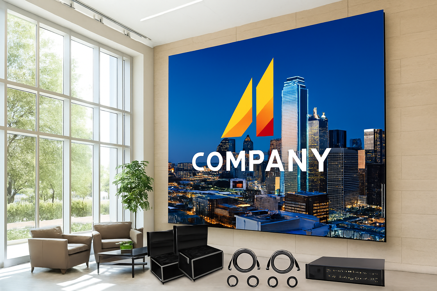 Large LED video wall displaying corporate branding in modern Dallas office lobby