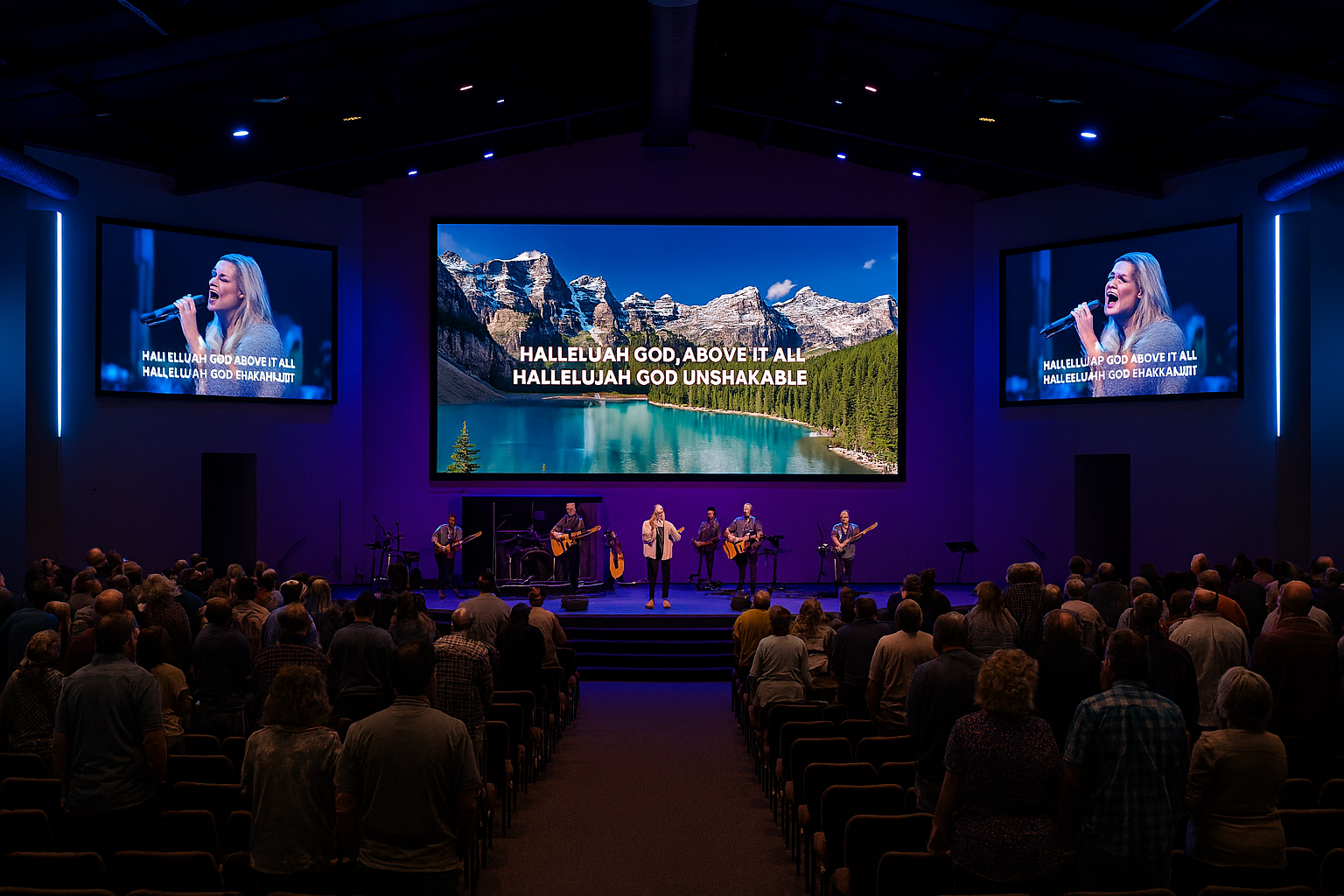 Modern church sanctuary with LED video wall displaying worship lyrics and professional LED stage lighting