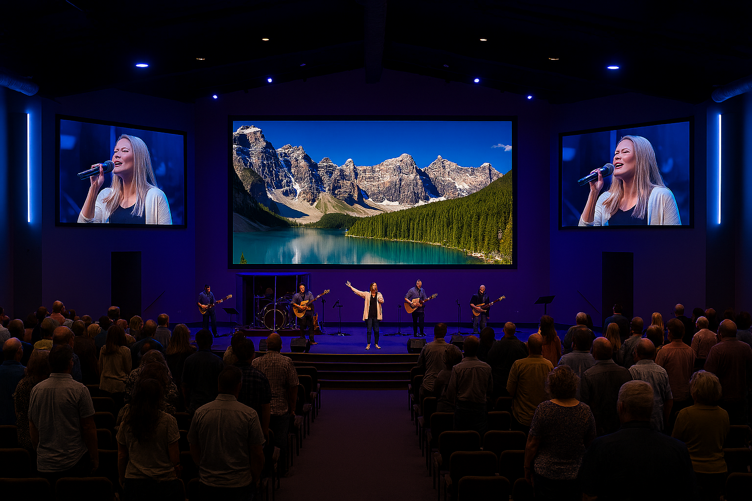Contemporary church sanctuary with warm amber LED lighting creating welcoming worship atmosphere