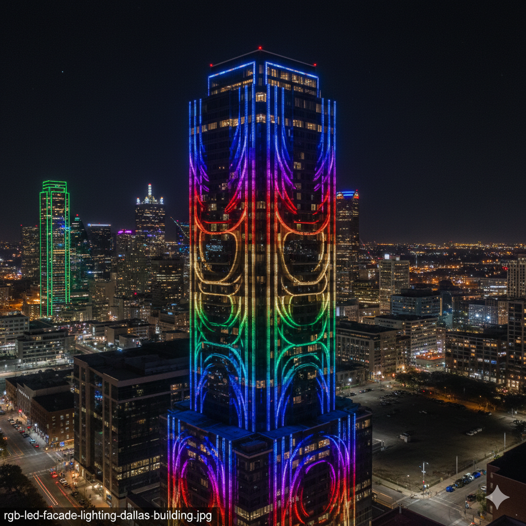 Dallas high-rise building with RGBW LED facade lighting displaying vibrant color-changing effects against the night skyline