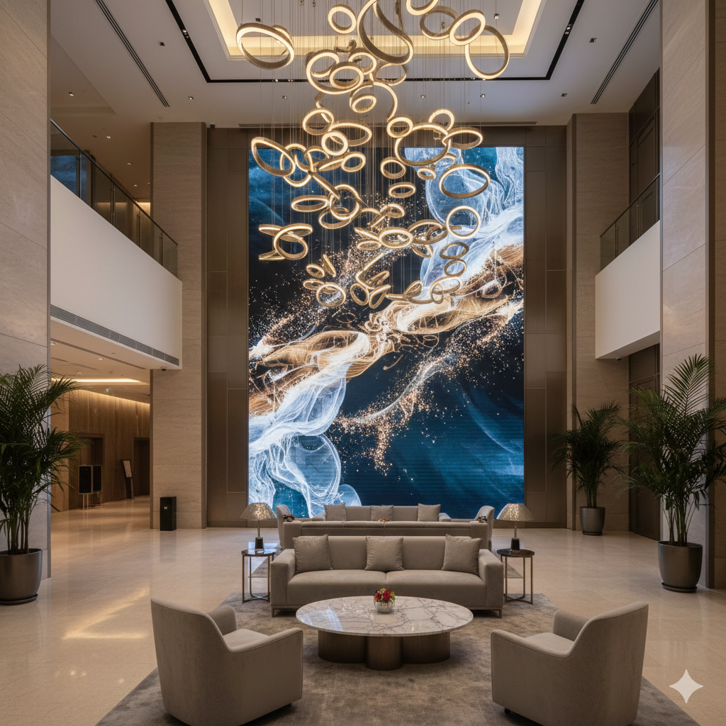 Luxury hotel lobby featuring large-format LED video wall displaying dynamic branded content with modern pendant lighting and seating area