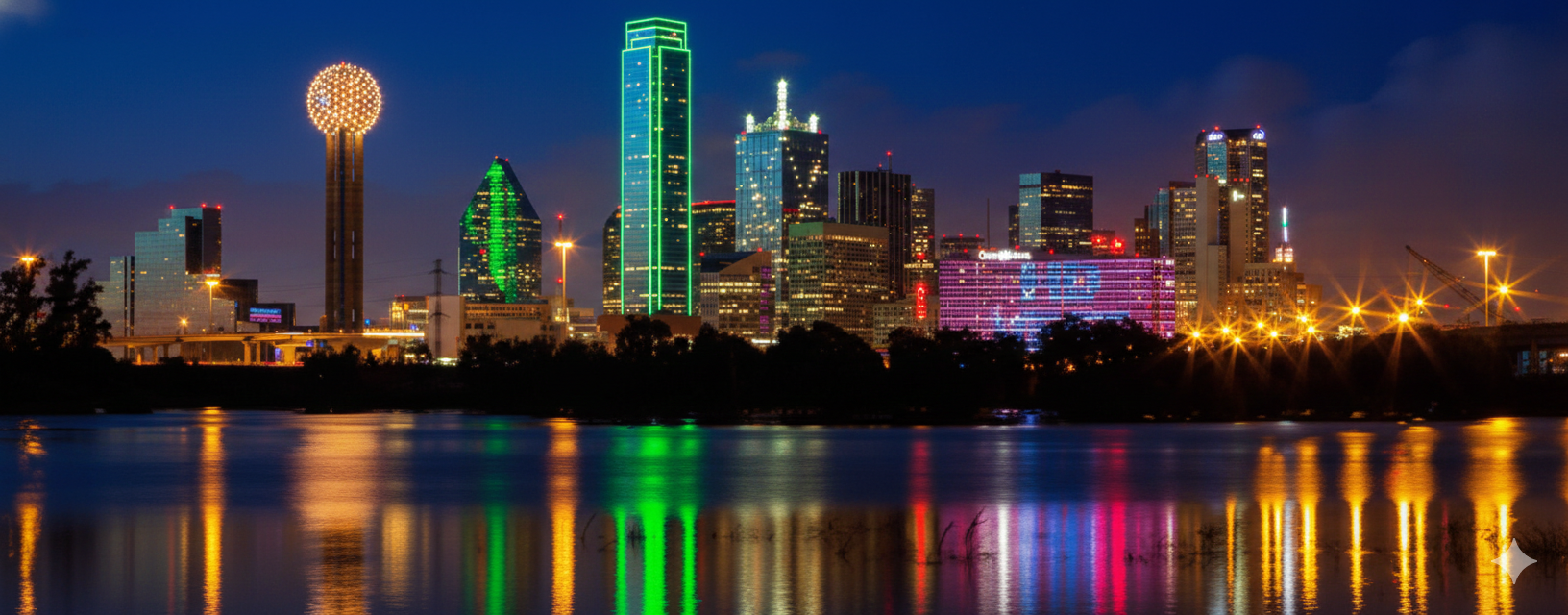 Dallas downtown skyline at night showcasing multiple commercial buildings with professional LED architectural lighting installations