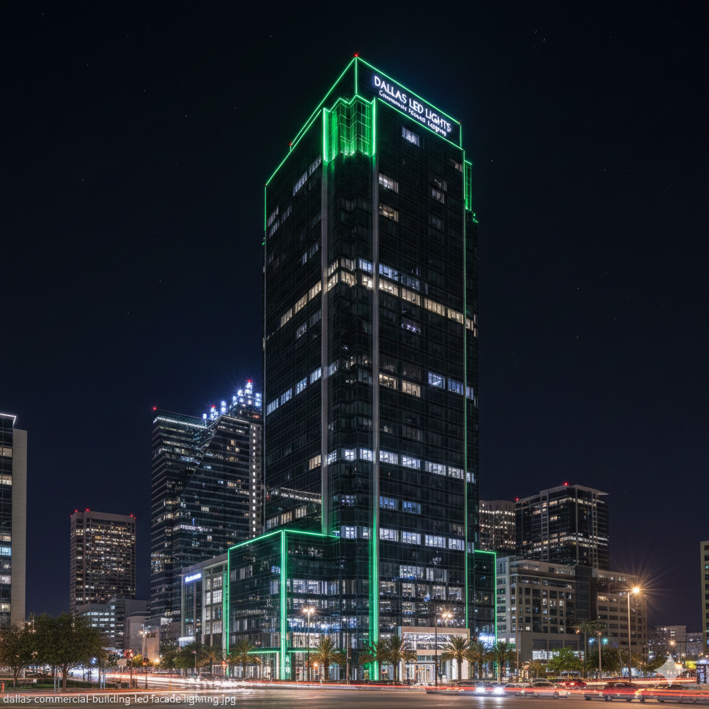 Dallas commercial building illuminated with architectural LED facade lighting at night showing green accent uplighting on modern glass exterior