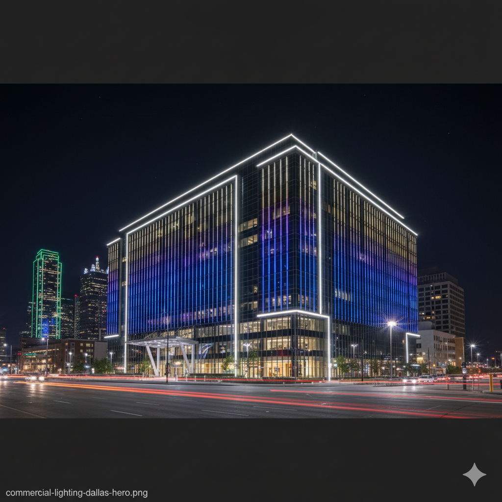 Commercial LED lighting Dallas TX - Dallas commercial building exterior with LED lighting at night