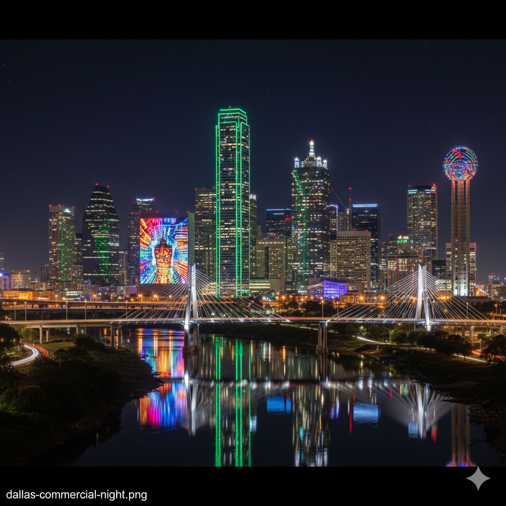 Dallas skyline commercial district at night with LED lighting on buildings