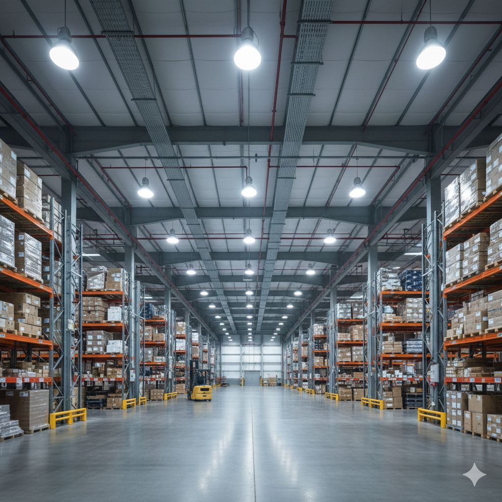 Warehouse LED high bay lighting installation in Dallas TX industrial facility