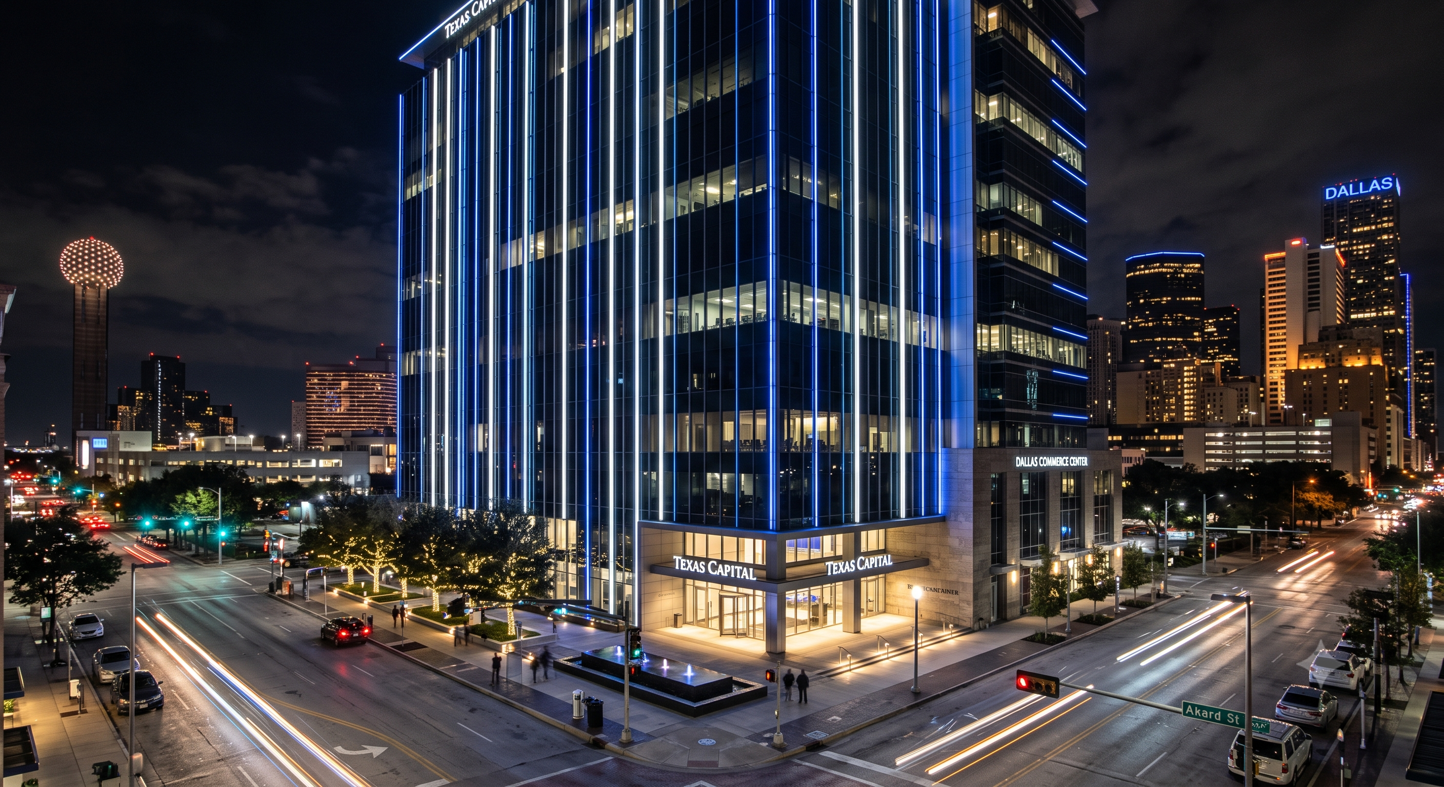 LED lighting Dallas Texas commercial building exterior with professional facade lighting at night