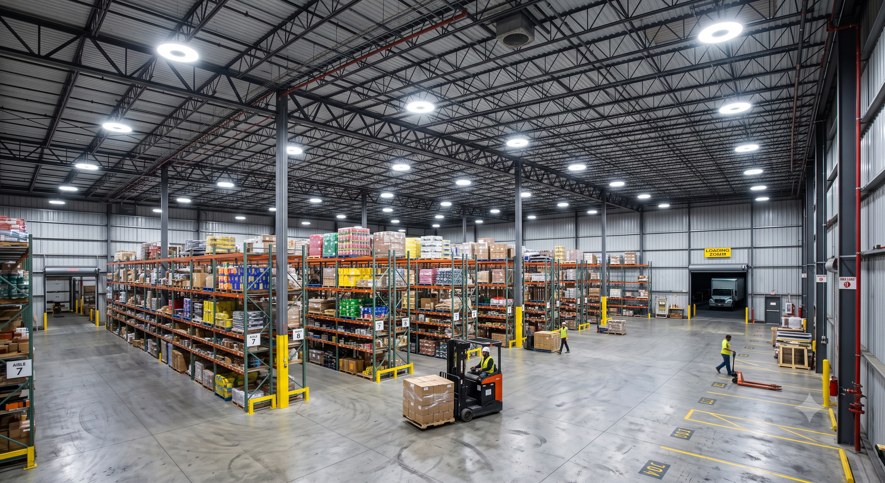 LED Dallas warehouse installation with high bay fixtures providing bright industrial lighting