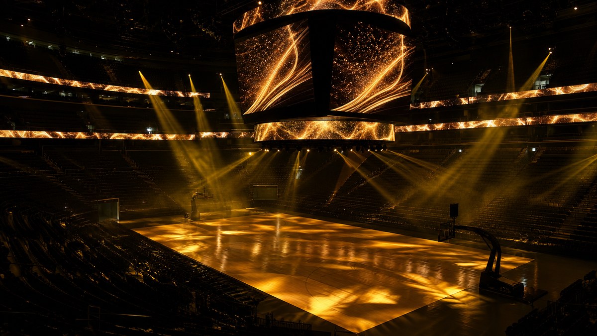 Indoor arena with color-changing LED show lighting in gold and amber beams over the court before an event