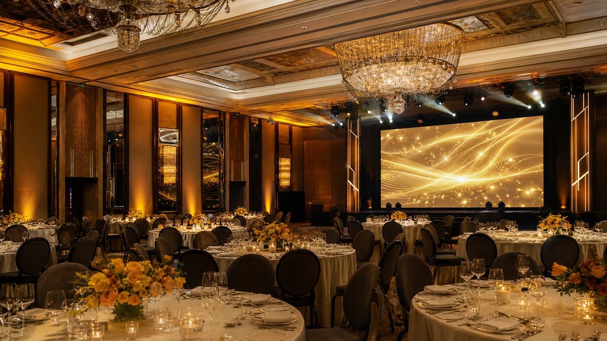 Hotel ballroom with tunable LED lighting and color scenes set for an evening gala event