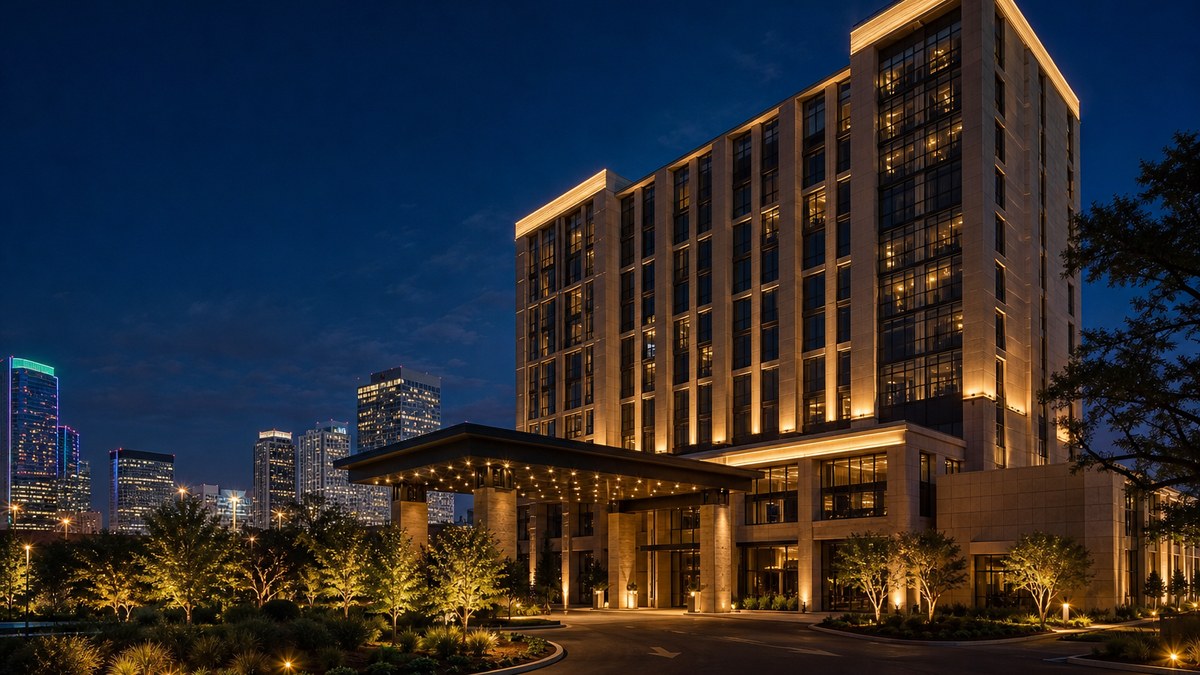 Luxury Dallas hotel facade with architectural LED lighting and illuminated porte-cochère at dusk