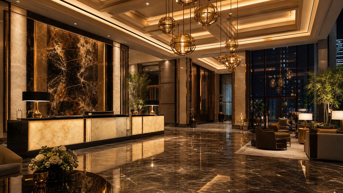 Luxury hotel lobby with layered LED lighting, warm accent lights and dimmable decorative fixtures