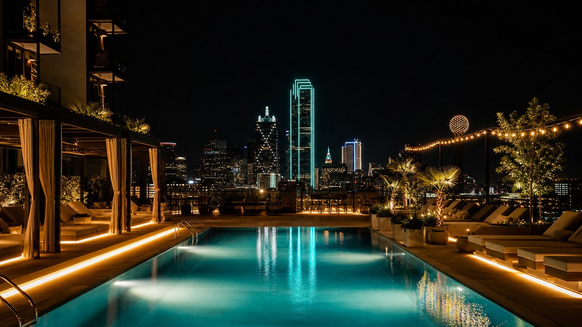Rooftop hotel pool deck at night with underwater LED pool lighting and warm lounge lighting overlooking a city skyline