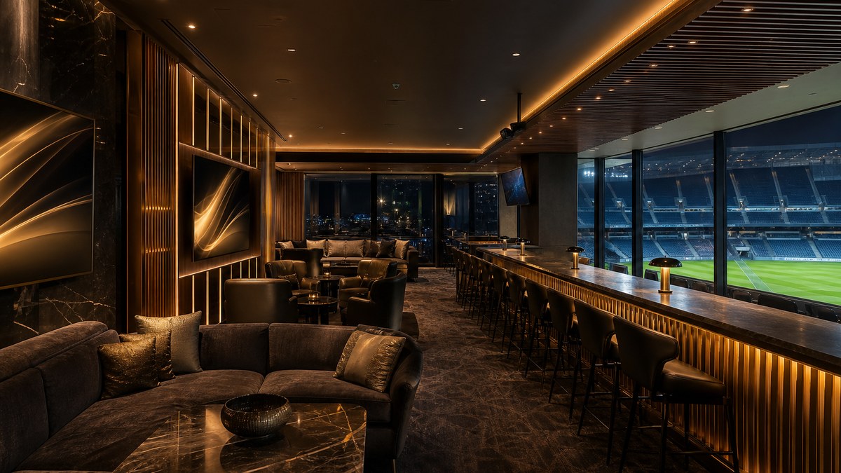 Stadium concourse and premium club lounge with warm LED lighting, gold accents and illuminated LED display screens
