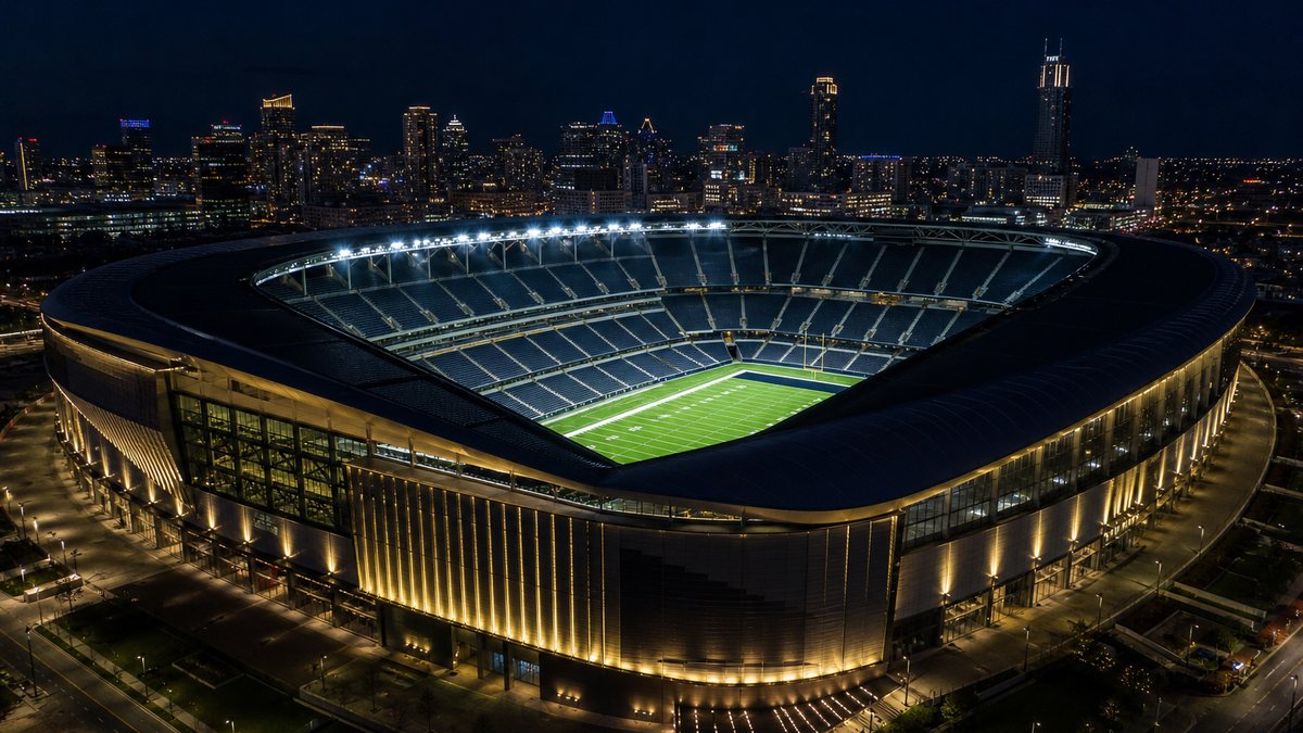 Stadium LED lighting in Dallas: large sports stadium at night with bright LED sports lights over the field and gold-lit exterior