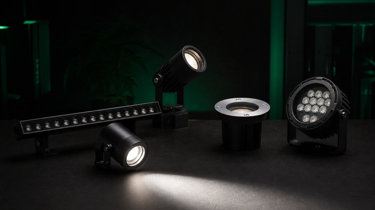 Architectural LED fixtures, linear grazers and spotlights laid out for specification review in a dark lighting lab with green accent light