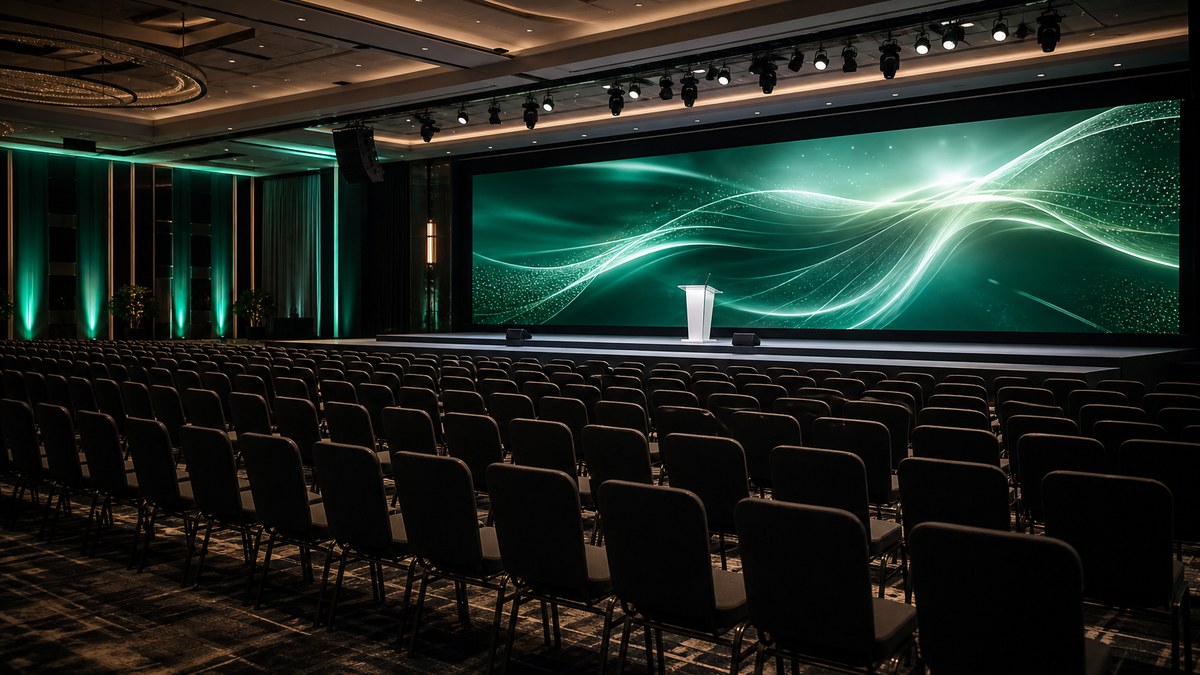 Hotel ballroom general session stage with a large permanent LED video wall and tunable stage lighting