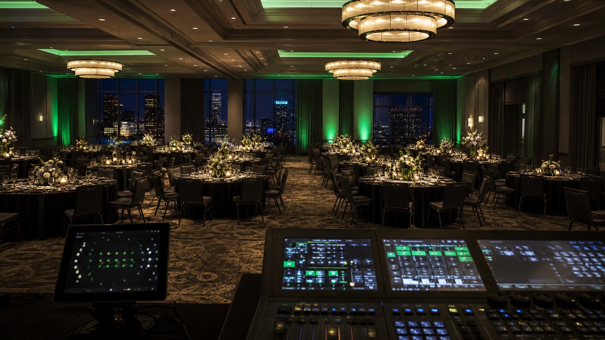 Grand ballroom with tunable LED lighting scenes being commissioned from a lighting control console at night