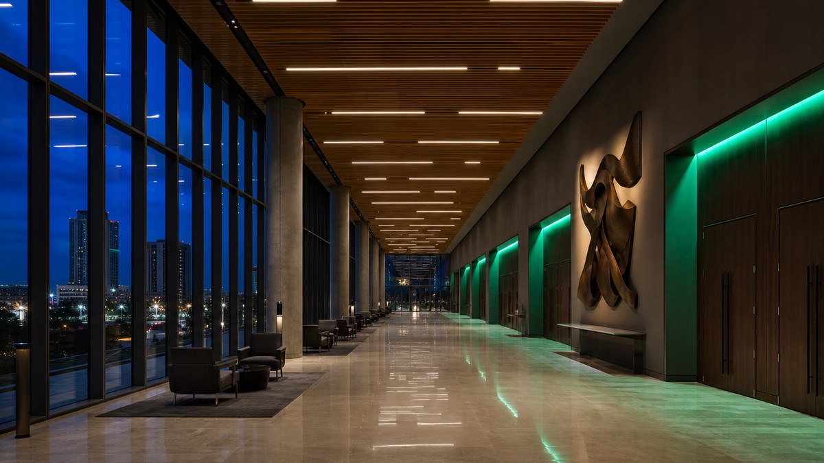 Convention center prefunction concourse with linear LED lighting and glass curtain wall at dusk in Dallas