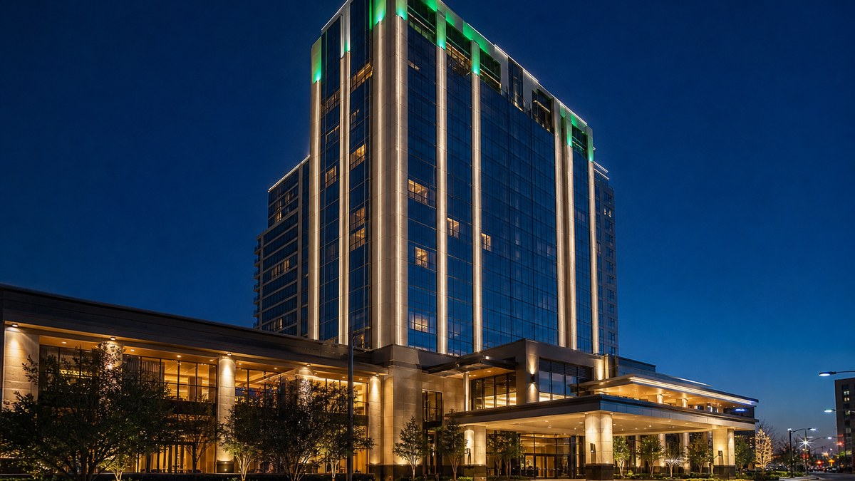 Design-build lighting in Dallas: high-rise hotel tower with newly commissioned architectural LED facade lighting at dusk