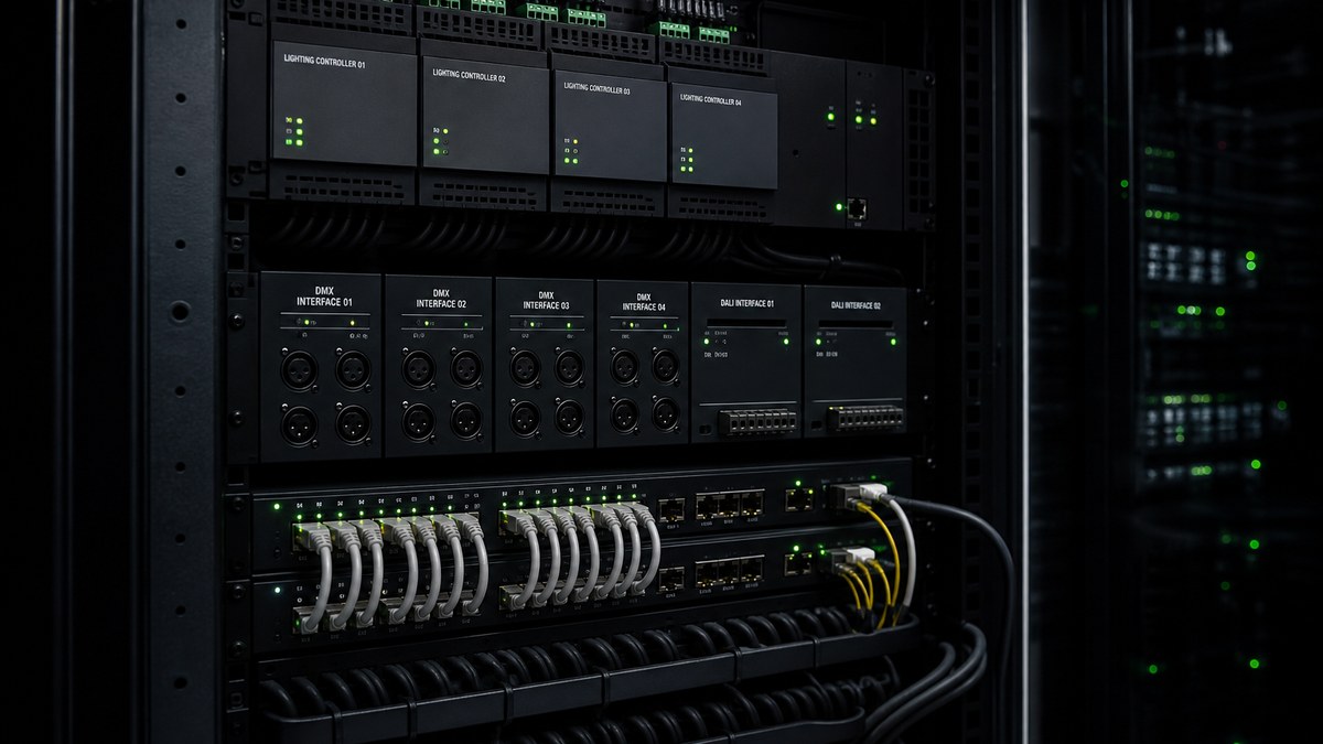 DMX and DALI lighting control system rack with network switches in a commercial building electrical room