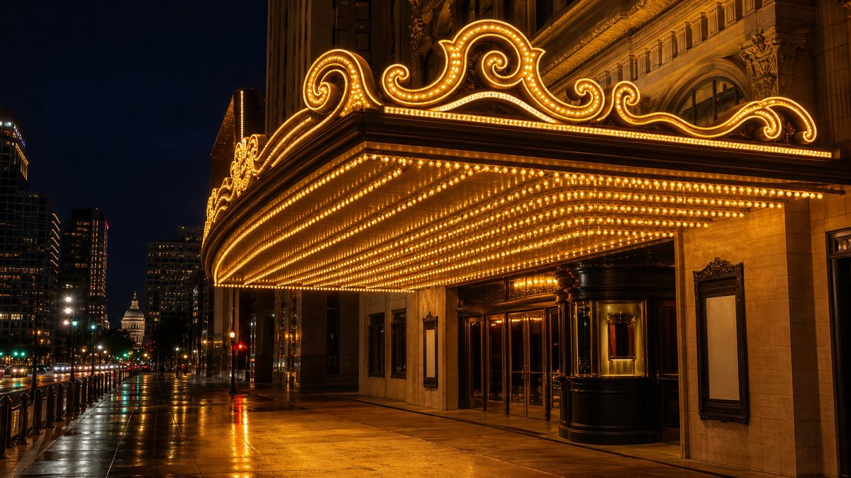 Entertainment venue lighting in Dallas: illuminated theater marquee with gold LED chaser bulbs on a downtown street at night