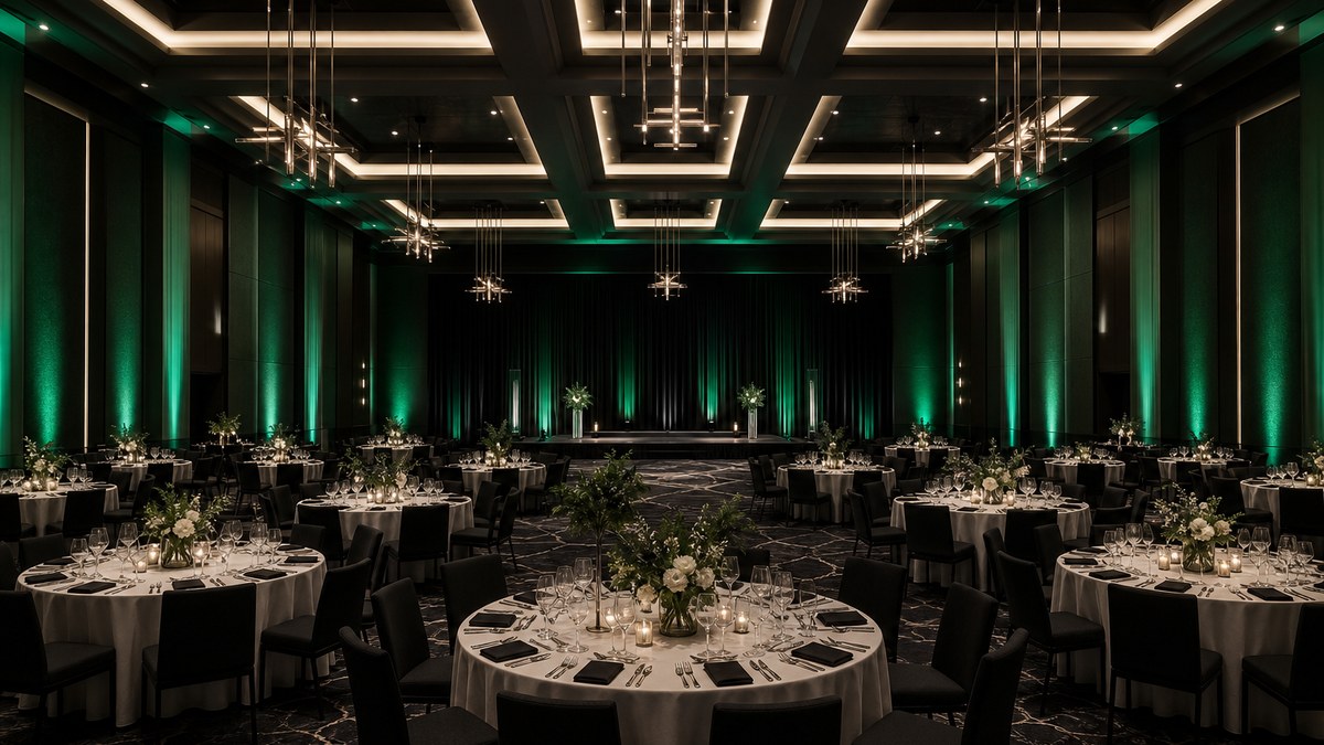 Event lighting in Dallas: grand convention center ballroom with tunable LED lighting and emerald accent uplighting set for a gala