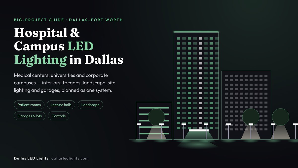 Hospital and campus LED lighting in Dallas illustration with a lit medical tower, parking garage, uplit trees and full-cutoff pathway poles