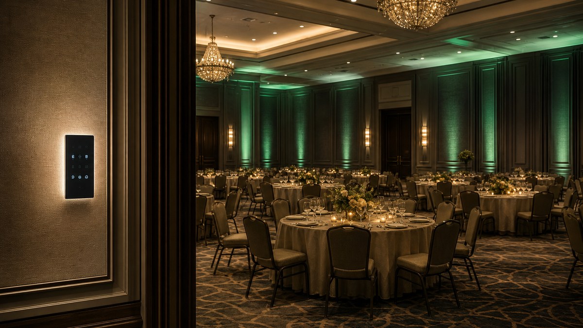 Hotel ballroom with DALI tunable white lighting scenes recalled from a wall touch panel