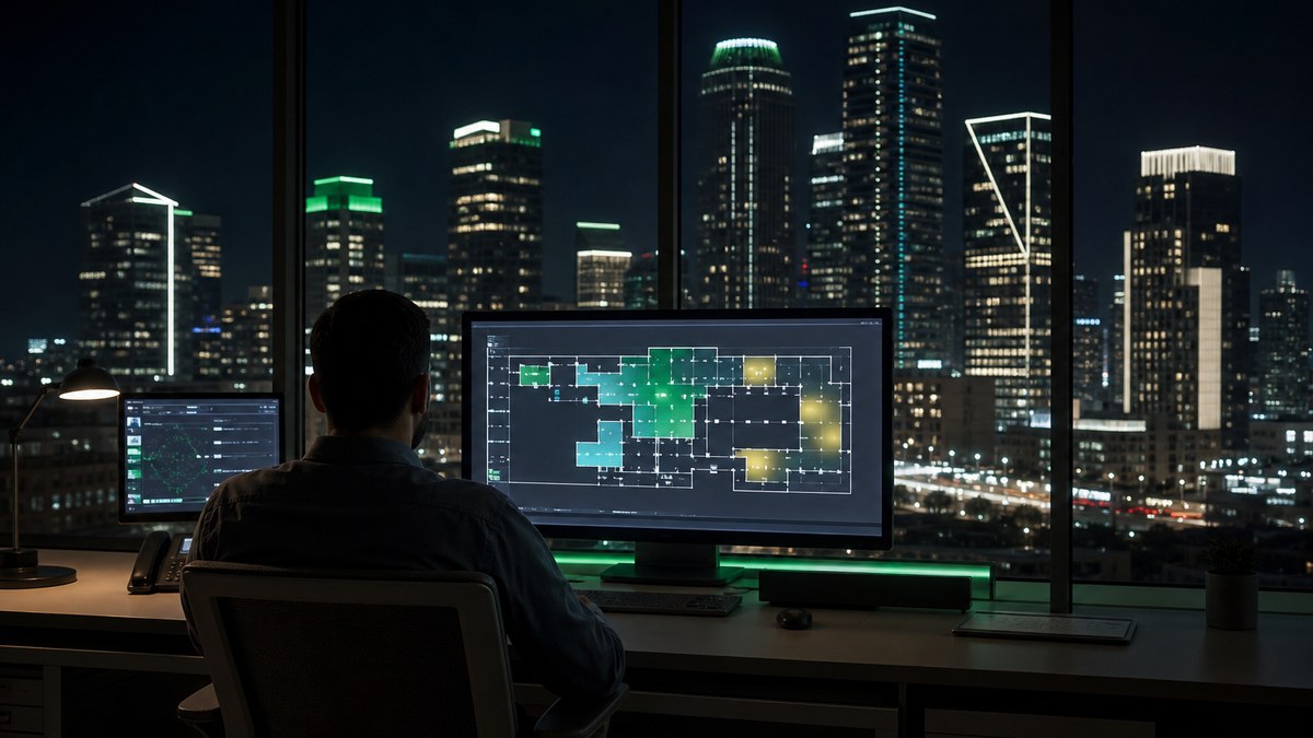 Facility engineer monitoring a networked lighting control dashboard for a large Dallas commercial property