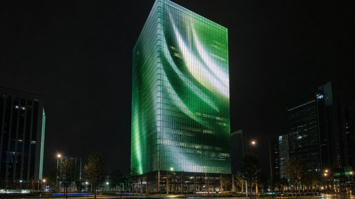 Media facade LED on a Dallas high-rise showing a flowing emerald and white gradient across the glass curtain wall at night