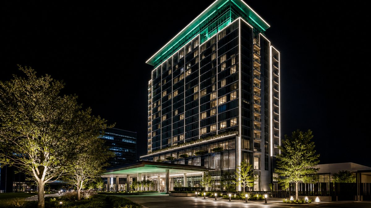 Networked lighting controls in Dallas: hotel tower and plaza at night with coordinated architectural LED scenes