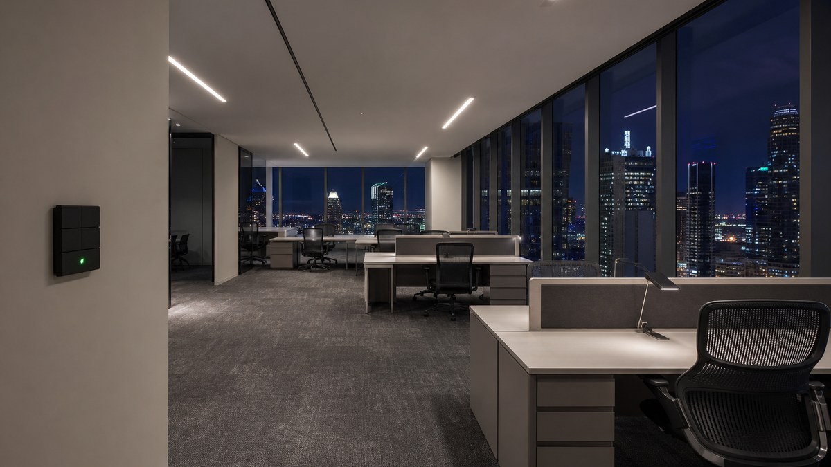 Modern Dallas office floor with LED lighting and networked lighting controls dimming near windows for daylight harvesting