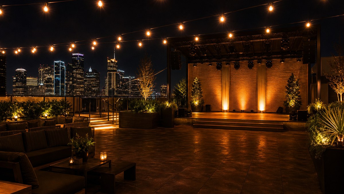 Rooftop entertainment venue patio at night with warm festoon LED lighting and gold uplighting over a Dallas-style skyline