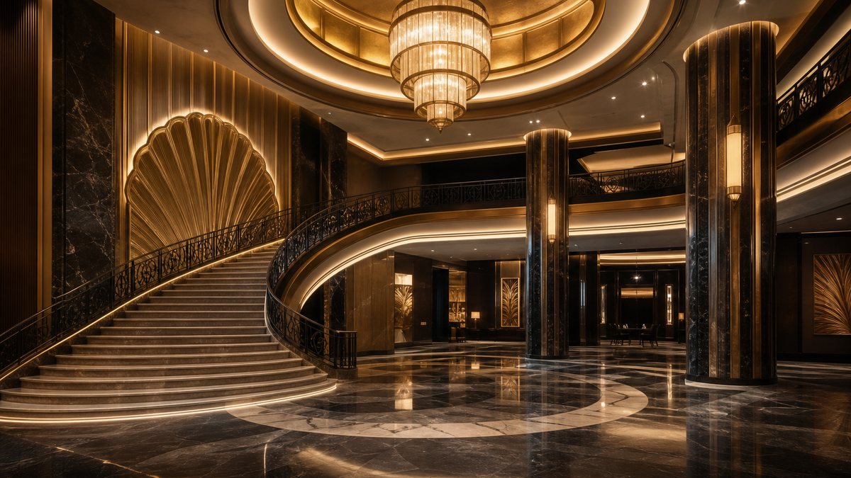Grand theater lobby with warm layered LED lighting, cove-lit ceiling and dimmable decorative fixtures