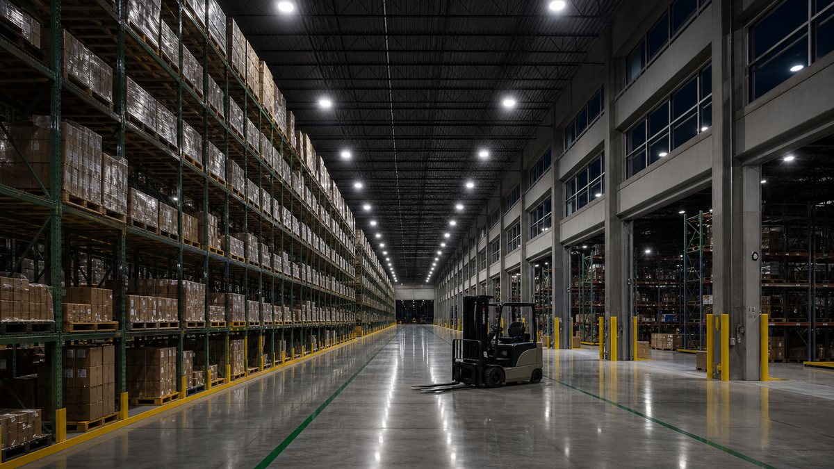 Large Dallas distribution center warehouse interior with LED high-bay lighting over tall racking aisles